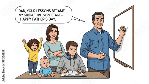 Father's Day Reflection: A family gathers to celebrate Father's Day, with a son expressing gratitude for his father's guidance and support, symbolizing the bond between generations.