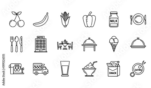 Eating line icons set with food fruits dinnerware hotel and dessert elements editable vector collection