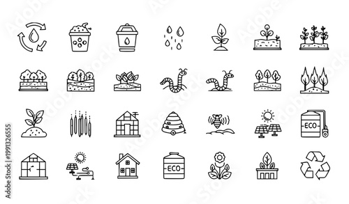 Permaculture line icons set with sustainable farming compost water harvesting and eco design elements vector