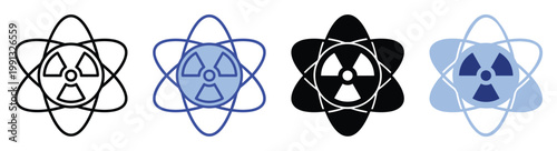 Nuclear radiation atomic symbol icon set for science and energy applications in physics and research facilities.