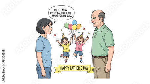 Father's Day Reunion: Heartwarming illustration of a family gathered to celebrate Father's Day, showcasing love, appreciation, and the enduring bond between generations. 