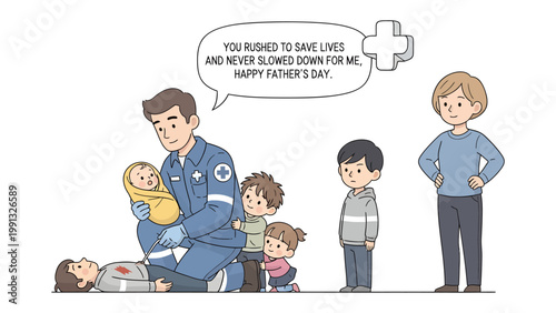 Father's Day Dedication: A heartfelt illustration dedicated to the heroism of a father and the joy of saving lives, honoring him on Father's Day.
