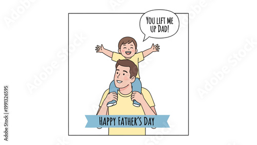 Joyful Father's Day Moment: A heartwarming illustration captures a loving father carrying his joyful son on his shoulders, celebrating Father's Day. The child, with arms outstretched.