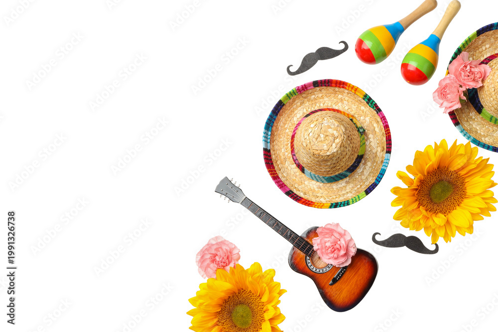 Fototapeta premium Hats, flowers, and instruments for Cinco de Mayo, isolated, PNG