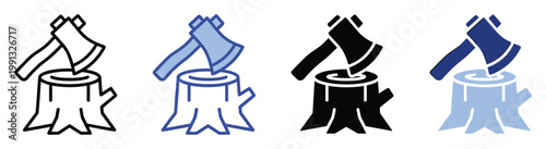 Lumberjack axe in wood stump vector icon, representing logging, forestry, and woodcutting for digital media.