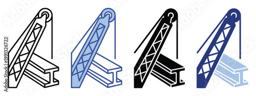 Engineering icon depicting a crane boom lifting a structural steel Ibeam for industrial building applications