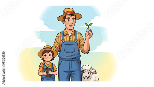 Cultivating Future Together: A father and child, standing side-by-side, proudly displaying a seedling, and cherishing the blossoming of life.