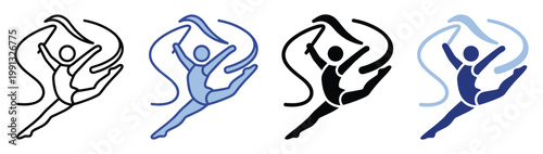 Rhythmic gymnastics symbol set depicting a flexible athlete with a ribbon for various sports graphics and active lifestyle campaigns