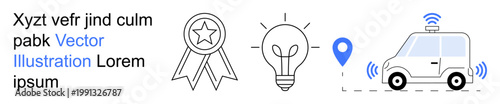 Business success, innovation, navigation, automation, achievement, technology. Ribbon with star, light bulb map pin autonomous car. Innovation and navigation concepts