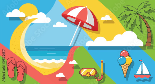 A beach scene with a red and white parasol
