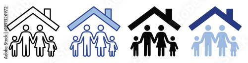 Family under house roof icon set symbolizing home protection, security, and housing solutions for diverse applications