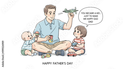 Father's Day Playtime: A loving father shares a delightful moment with his two children, engaging in imaginative play, their faces lit with joy and connection, a perfect snapshot of familial bliss.