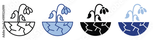 Drought icon showing a withered plant in a cracked pot, symbolizing environmental crisis and climate change for informational purposes.