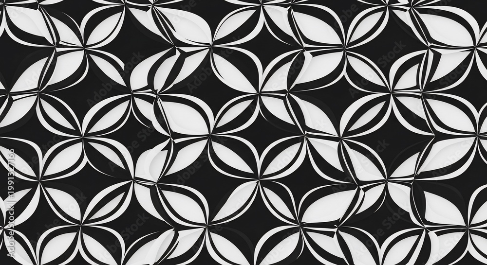 Fototapeta premium Geometric floral pattern, abstract monochrome design, tessellating shapes, optical illusion textile background, modern decorative art.