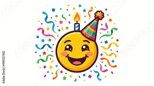 Smiling Yellow Emoji Wearing Party Hat.
