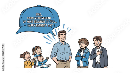 Father's Day Dedication: A heartfelt animated depiction of a father surrounded by his children, celebrating Father's Day with an inscription that reveals dedication to him