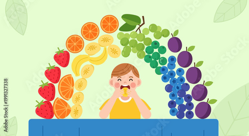 Happy child eating fresh fruit arranged in a rainbow arch shape.