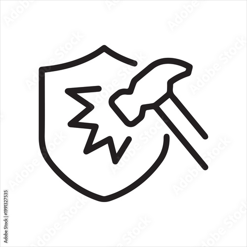 Durability, shield with hammer impact, linear icon. Shock resistance and protection. Line with editable stroke.