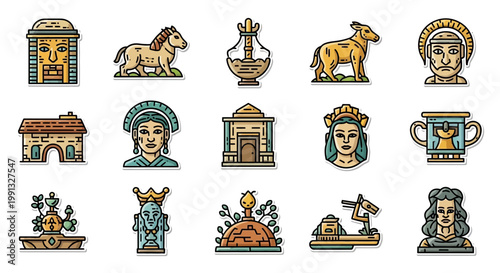 Historical icons show ancient architecture and noble portraits of the.