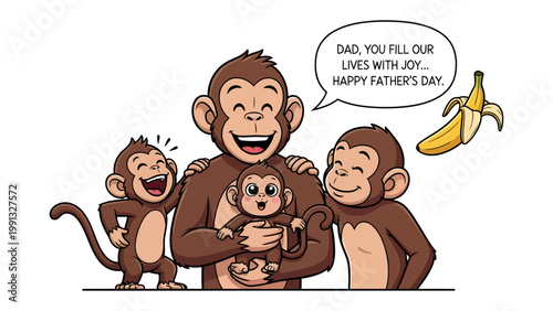 Father's Day with Chimps: A heart-warming illustration of a chimpanzee father and his offspring celebrating Father's Day, symbolizing the bonds of family and the joy of paternal love.
