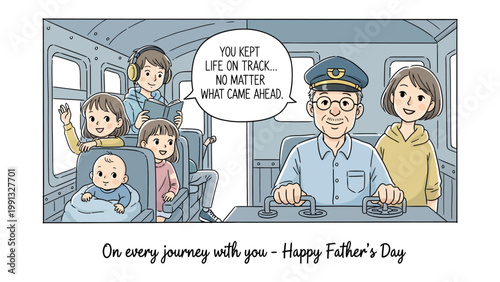 Father's Day train ride: A tender illustration captures a heartwarming moment as a father steers a train, surrounded by his children, evoking feelings of love and appreciation. 