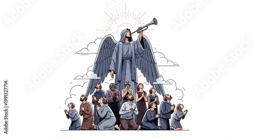 Angel blowing a trumpet gathers a group of praying people in the light.