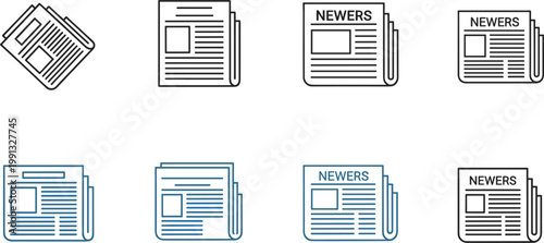 Newspaper icon set with stacked news pages headline press media journal flat vector illustration collection modern