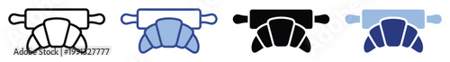 Set of baking icons featuring a croissant and rolling pin for pastry shop menus or recipe applications