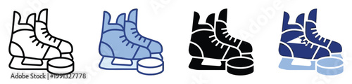 Dynamic collection of ice skates and hockey puck symbols offered in diverse graphic styles ideal for sports applications and winter activity graphics.