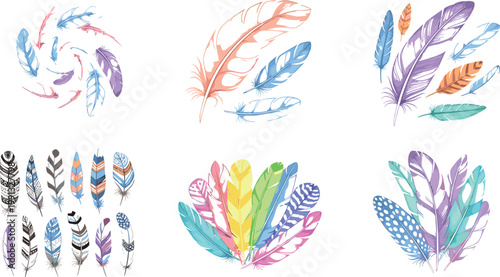 Colorful feather collection with boho style decorative elements, tribal patterns and soft pastel plumage vector illustration set