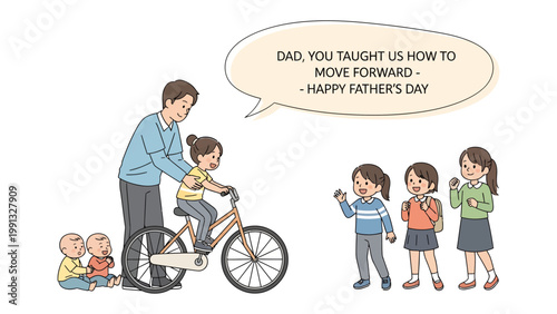 Father's Guidance: A heartfelt illustration portrays a father's unwavering support and guidance as he teaches his child to ride a bicycle. With tenderness and patience, he instills confidence.