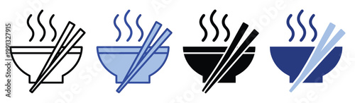 Hot noodle bowl with chopsticks icons set for Asian cuisine restaurant menu or food delivery application