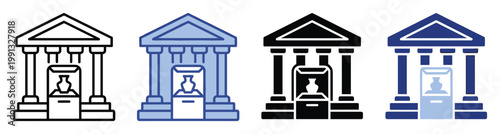 Museum building icon set with classical columns and display case featuring an ancient vase, suitable for cultural institution applications