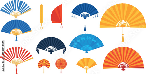 Colorful hand fan collection with folding designs, traditional decorative fans in various shapes vector illustration set isolated