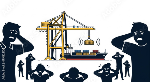 People covering ears near noisy shipping port crane and cargo ship.