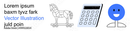Data security, technology tools, emotions, online safety, education, concepts . Trojan horse, calculator and happy face designs. Data security and technology tools visualization