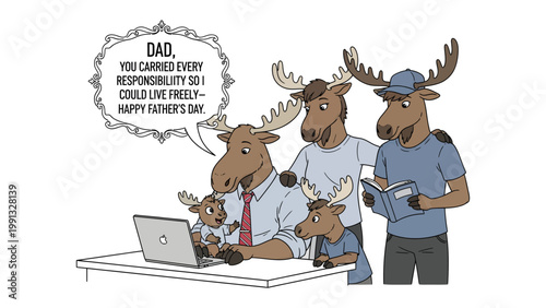 Father's Day Moose Family Celebration: A heartwarming cartoon illustrates a moose family celebrating Father's Day.