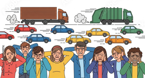 People covering ears to block noise from traffic and garbage truck.