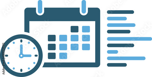 Modern calendar and clock icon for time management and organization on white background with blue tones