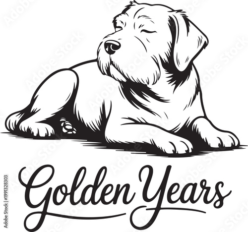 Black and white line art illustration of a resting dog with text