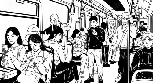 People engrossed in their smartphones while commuting on a crowded train, black and white illustration.