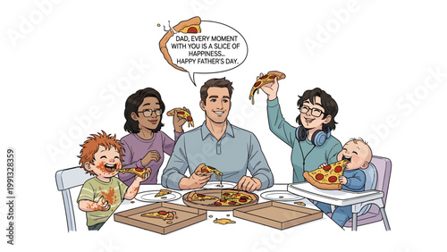 Family Pizza Feast: A heart warming family gathers around a table, savoring slices of delicious pizza. With joy in their eyes and togetherness in their hearts.
