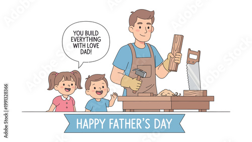 Father's Day Crafting: A father joyfully crafts a wooden piece alongside his two children. It is a symbol of fatherly love and the shared moments.