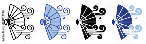 Handheld fan and moving air icon set for summer cooling applications or weather interface elements