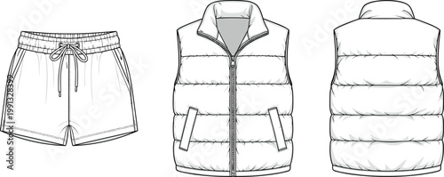 Technical cad drawing flat vector illustration of sleeveless puffer vest gilet and elastic waist drawstring casual shorts activewear apparel set