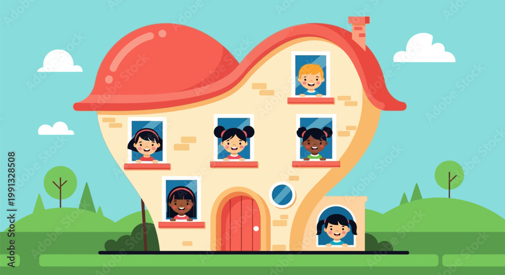 Obraz premium Heart shaped house with diverse children looking out of windows.