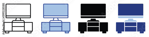 Computer display screen and media cabinet icon set presented in various styles for modern digital interface solutions