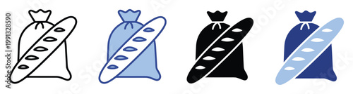Baguette and flour sack icons for bakery branding, food packaging, and agricultural product advertisements
