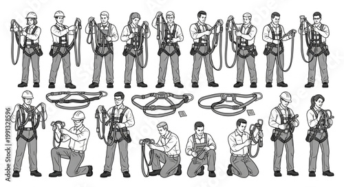 People in climbing harnesses and ropes, ready for adventure.
