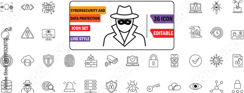 Cybersecurity & Data Protection Editable Stroke Line Icon Set - Includes Network Security, Hacker, Firewall, Malware, Cloud Privacy, and Biometric Vector Outlines for UI/UX Web Design illustration
